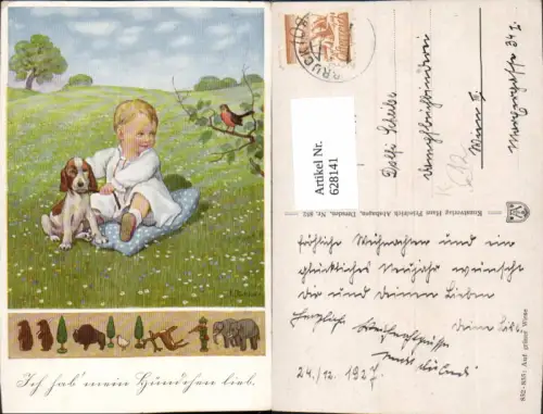628141,Künstler Ak F. Jüchtzer Auf grüner Wiese Kind m. Hund Vogel Landschaft