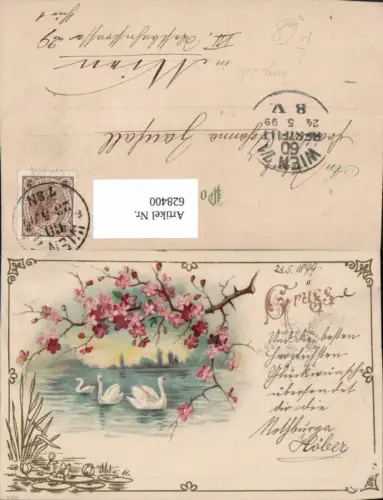 628400,Künstler Litho Jugendstil Schwan Schwäne Blumenzweig Blüten