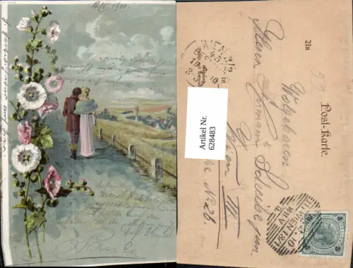 628483,Künstler Litho Paar spaziert Dorf Landschaft Blumen Stockrose