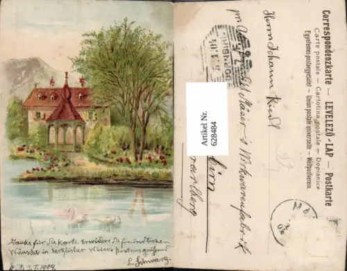 628484,Künstler Litho Schwan Schwäne Haus Pavillon Landschaft