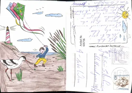 635736,Künstler Ak Handcoloriert H. Banach Borkum Vogel Kind Drachensteigen Leuchtturm