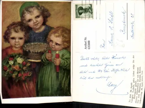 635888,Künstler Ak M. Spötl Langes Leben Kinder m. Kuchen Kerzen Geburtstag