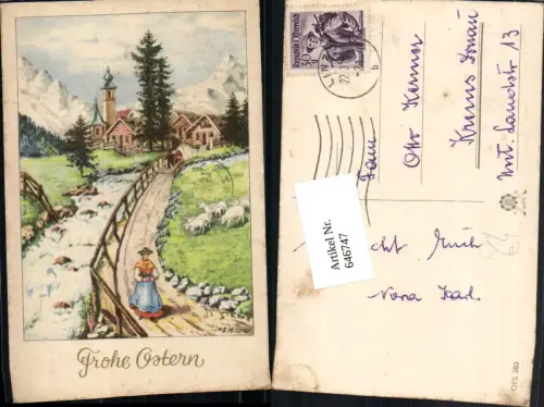 646747,Künstler AK F. Milan Ostern Kirche Dorf Frau Tracht Bregenzerwald Bregenz