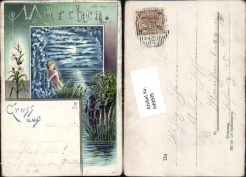 649905,Künstler Lithographie Märchen Nixe Mond Meer Gruss aus