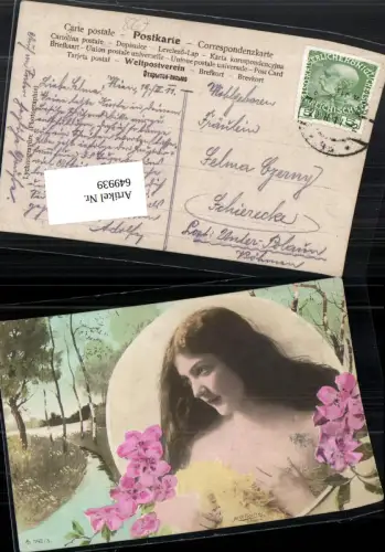 Künstler AK Jugendstil Frau Erotik Blumen Bach fec. CH. Scolik Wien handcoloriert