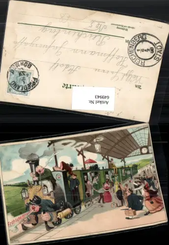 649943,Künstler AK J. v. Kulas Eisenbahn Humor Scherzkarte Lokomotive Bahnhof