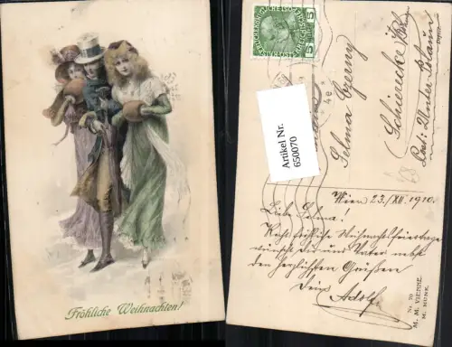 650070,Künstler AK Frauen Muff Zylinder Jugendstil M. M. Vienne Munk 70