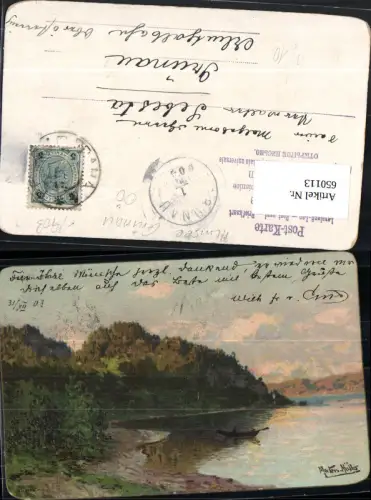 650113,Künstler AK Marten Müller Fluss Boot