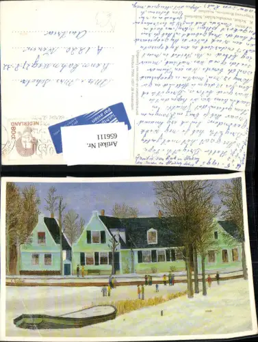 656111,Künstler Ak K. Schut Mondschilder Nederland Eislaufen Winteransicht Dorf