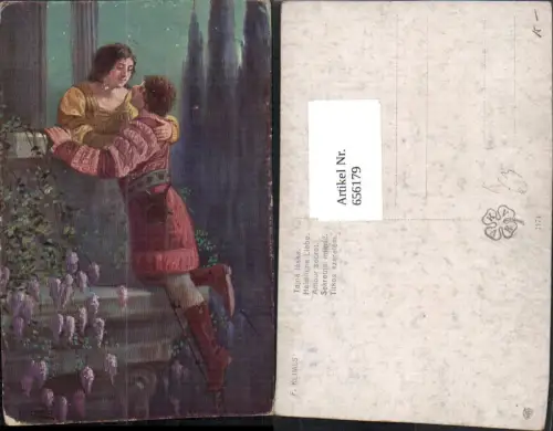 656179,Künstler Ak F. Klimes Heimliche Liebe Kuss Paar Balkon
