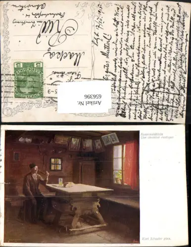 656396,Künstler Ak Karl Schuster Bauernstüblein Bauer Rauchen Pfeife Bier