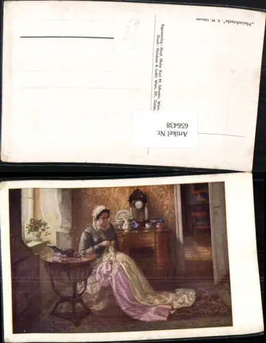 656438,Künstler Ak K. M. Schuster Heimfriede Nähen Handarbeit Frau