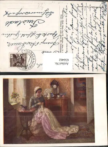 656462,Künstler Ak K. M. Schuster Heimfriede Frau Nähen Heimarbeit Interieur