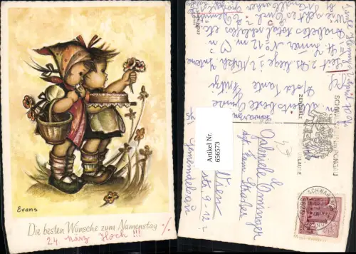 656573,Künstler Ak Evans Kinder mit Blumen u. Kuchen Torte Namenstag