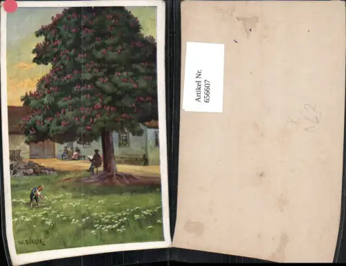 656607,Künstler Ak W. Bürger Mann liest unter Kastanienbaum Baum Bauernhof Lesen