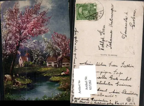 657282,Künstler AK Kirche Landschaft Bach n. Donawitz Leoben