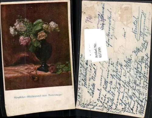 657290,Künstler AK A. Schreyer Rosen Blumen Vase Namenstag