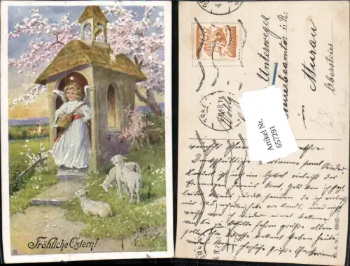 657291,Künstler AK Josef Kränzle Ostern Kapelle Engel Schafe Mandoline pub B.K.W.I. 4665-2