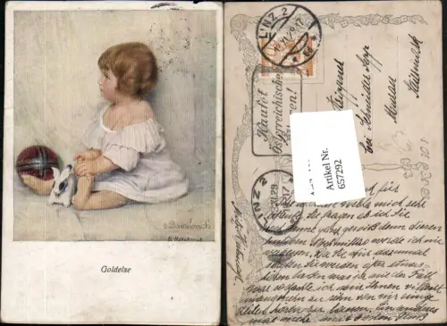 657292,Künstler AK E. Barakovich Mädchen Kind Ball Hase Goldelse pub B.K.W.I. 244-2