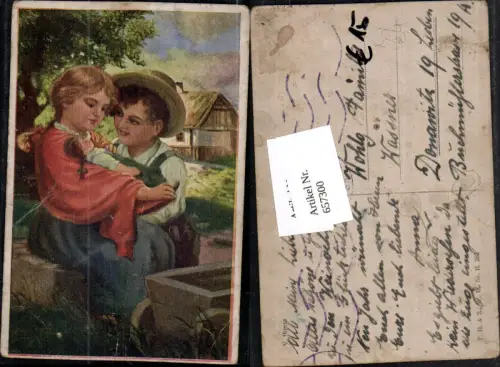 657300,Künstler AK V. Honza Kinder mit Puppe Verliebter Blick