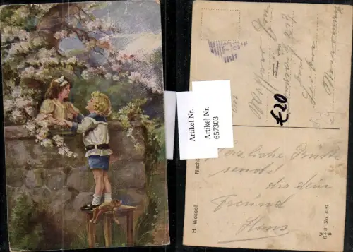 657303,Künstler AK H. Wessel Nachbarkinder Kinder b. Mauer Matrosenanzug