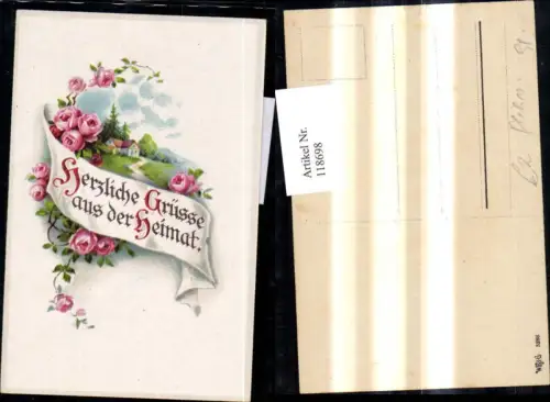 118698,Künstler Litho Haus Rosen Papierschleife Grüße a. d. Heimat