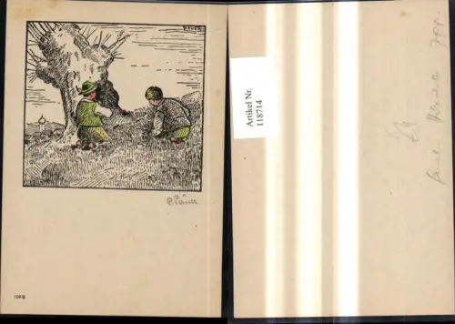 118714,Künstler Ak P. Pauer Holzschnitt Kinder b. Baum