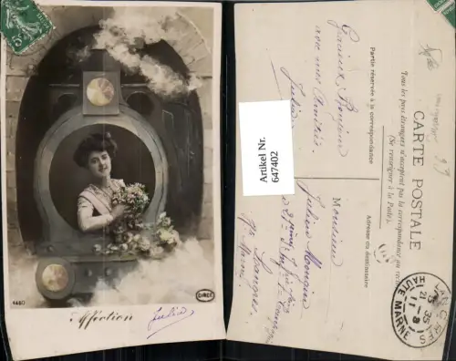 647402,Fotomontage Surrealismus Frau Portrait Blumen Eisenbahn Lokomotive Affection