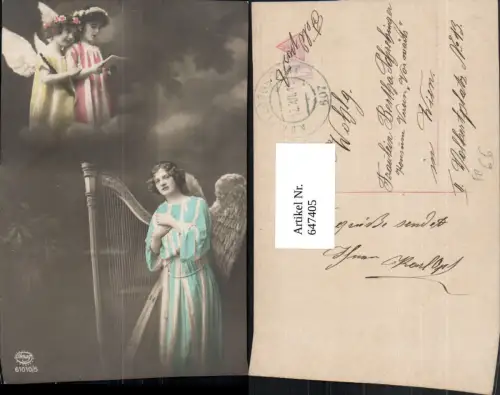 647405,Fotomontage Frau Mädchen Engel Harfe Lesen Flöte Feldpost Kk 607