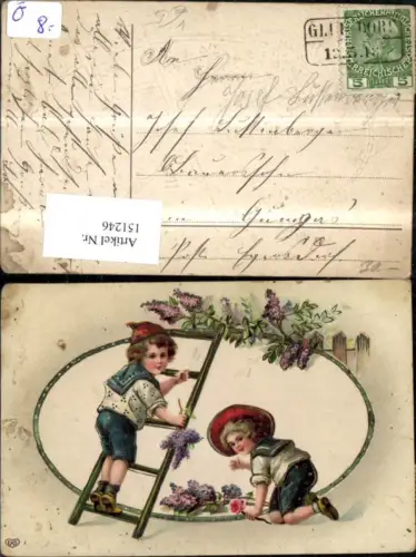 151246,Namenstag Jungen i. Matrosenuniform Matrose m. Leiter Blumenranke Blumen pub EAS