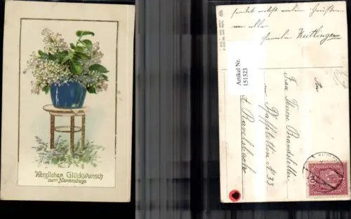 151323,Namenstag Blumentopf auf Hocker Blumen Goldverzierung pub EAS 3094