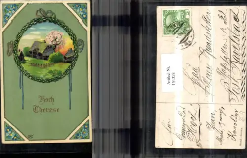 151358,Namenstag Präge Ak Hoch Therese Haus Rahmen Blumenverzierung Goldverzierung pub EAS