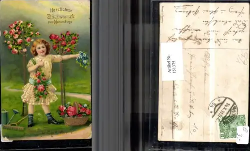 151375,Namenstag Präge Ak Hoch Therese Mädchen m. Rosenstamm Rosen Rechen Gießkanne Korb Goldverzierung pub EAS