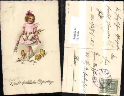 151456,Ostern Mädchen trägt Eier m. Kleid Küken Palmkätzchen Blumen Glitzerschrift pub EAS 314