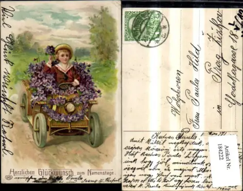 184222,Namenstag Litho Junge Bub Matrosenanzug sitzt i. Auto m. Blumen geschmückt Veilchen pub EAS