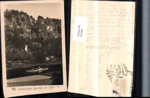 321062,Fotokunst Walter Hahn 3855 Elbsandsteingebirge Bastei-Felsen m. Brücke b. Rathen Dampfer