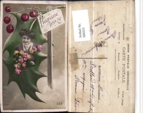 504323,Heureuse Annee Surrealismus Fotomontage Frau Rosen Stechpalme