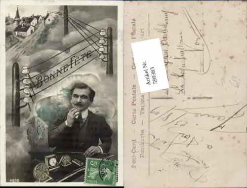 599383,Foto-AK Fotomontage Surrealismus Mann Uhr Stromleitung Bonne Fete