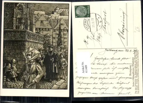 411409,Künstler Ak Kirchgang Mittelalter pub Sippenforschung u. Wappenkunde