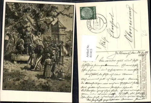 411413,Künstler Ak Tanz um die Linde Mittelalter pub Sippenforschung u. Wappenkunde