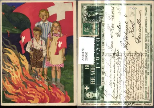 269007,Künstler Ak H. Vontobel Frau Kinder b. Feuer Lagerfeuer Fahne Schweiz Patriotik pub Bundesfeier 1930