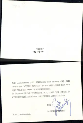 430185,Grüsse zum Jahreswechsel 1962 Bundeskanzler Adenauer Wien Politik