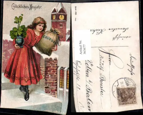 363677,Künstler Ak Neujahr Frau Mädchen Geldsack Geld Klee i. Topf Kirche Uhrturm