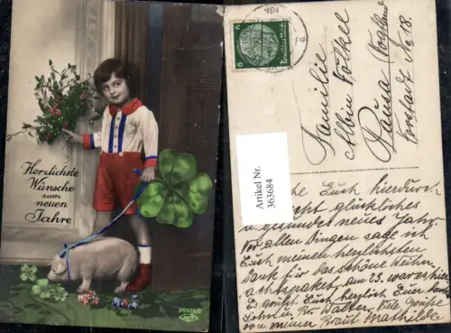 363684,Neujahr Bub Junge m. Schwein Klee Kleeblatt Misteln