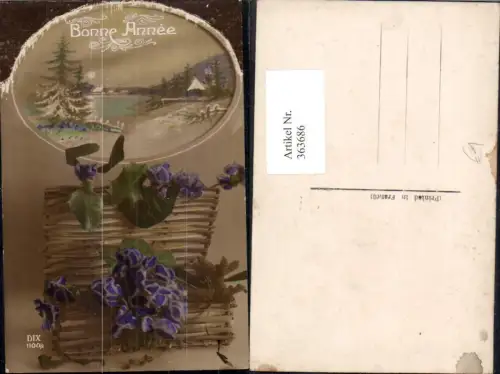 363686,Neujahr Korb Blumen Haus Kirche Winterlandschaft Mondschein Passepartout