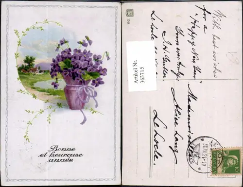 363715,Künstler Ak Neujahr Haus Landschaft Topf m. Veilchen Blumen