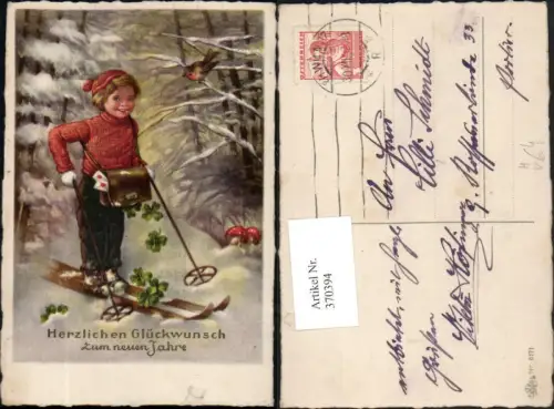 370394,Künstler AK Neujahr Kind m. Tasche Briefe Ski Pilze pub Erika 6171