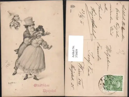 370459,Künstler AK Neujahr R. Kratki Kinder Mädchen m. Kleid Junge m. Zylinder Mistelzweig