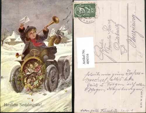 409316,Künstler AK Neujahr Postbote Post Wagen Briefe Tröte