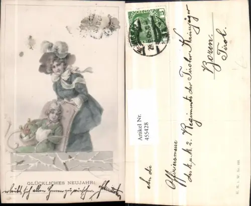 455428,Künstler AK Neujahr Frau Mutter Kind Hut Stuhl Korb Sekt